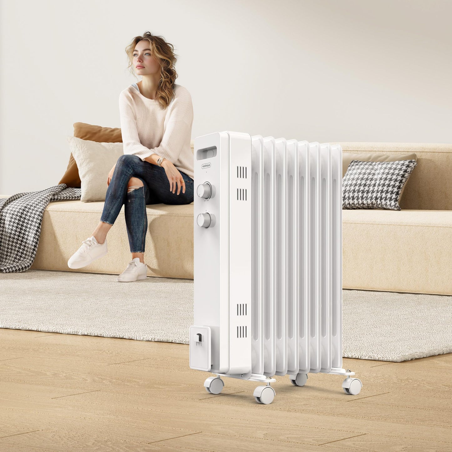 VonHaus Oil Filled Radiator 9 Fin – Oil Heater Portable Electric Free Standing 2000W for Home, Office, Any Room – Adjustable Thermostat, 3 Heat Settings, 4x Wheels, 1.5m Power Cable – 2 Year Warranty