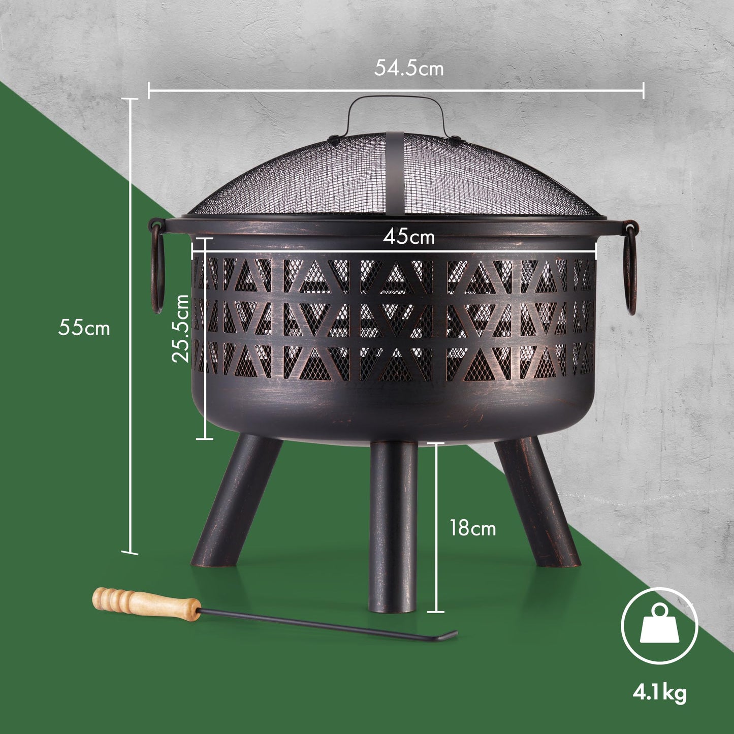 VonHaus Fire Pit – Firepit for Outdoor, Garden, Patio – Portable & Lightweight with Flame Design, Black Bronzed Steel, Fire Poker & Mesh Guard Included, Carry Handles – Use Wood or Charcoal to Fuel