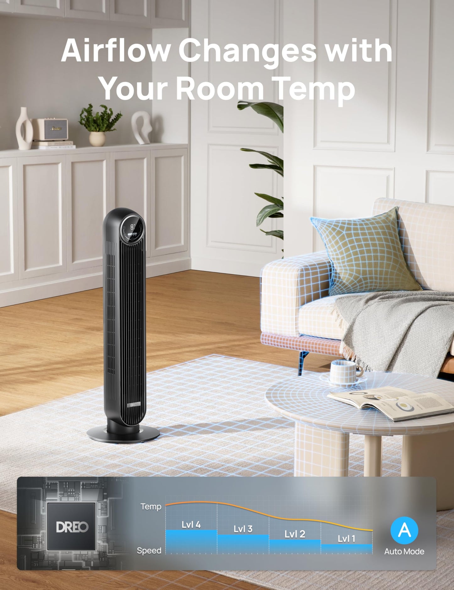 Dreo 28dB Silent Tower Fan, 25ft/s Velocity Electric Cooling Fan with Remote Control 90° Oscillating 4 Speeds 4 Modes 8H Timer LED Display, Quiet Standing Bladeless Floor Fans for Bedroom, Nomad One