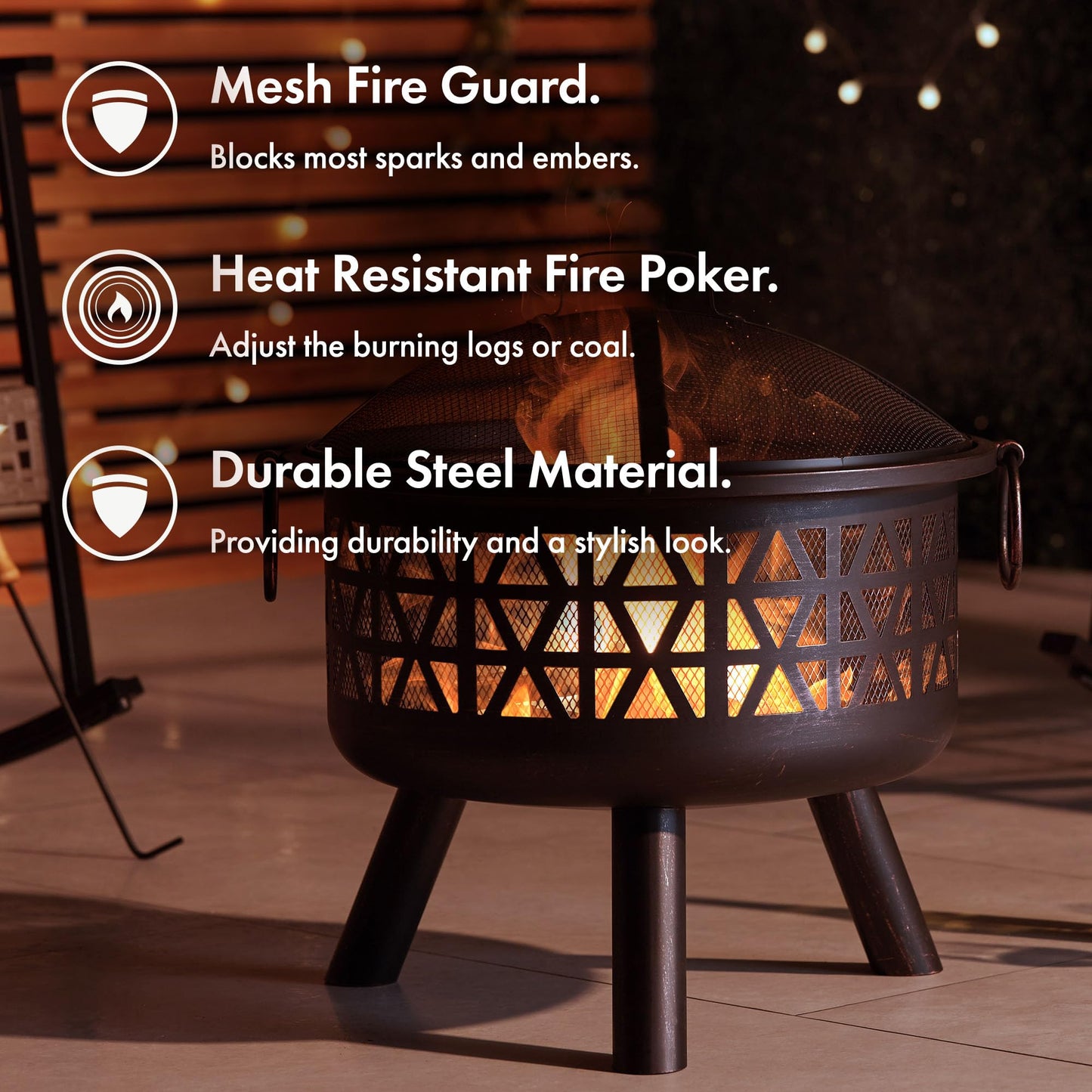 VonHaus Fire Pit – Firepit for Outdoor, Garden, Patio – Portable & Lightweight with Flame Design, Black Bronzed Steel, Fire Poker & Mesh Guard Included, Carry Handles – Use Wood or Charcoal to Fuel