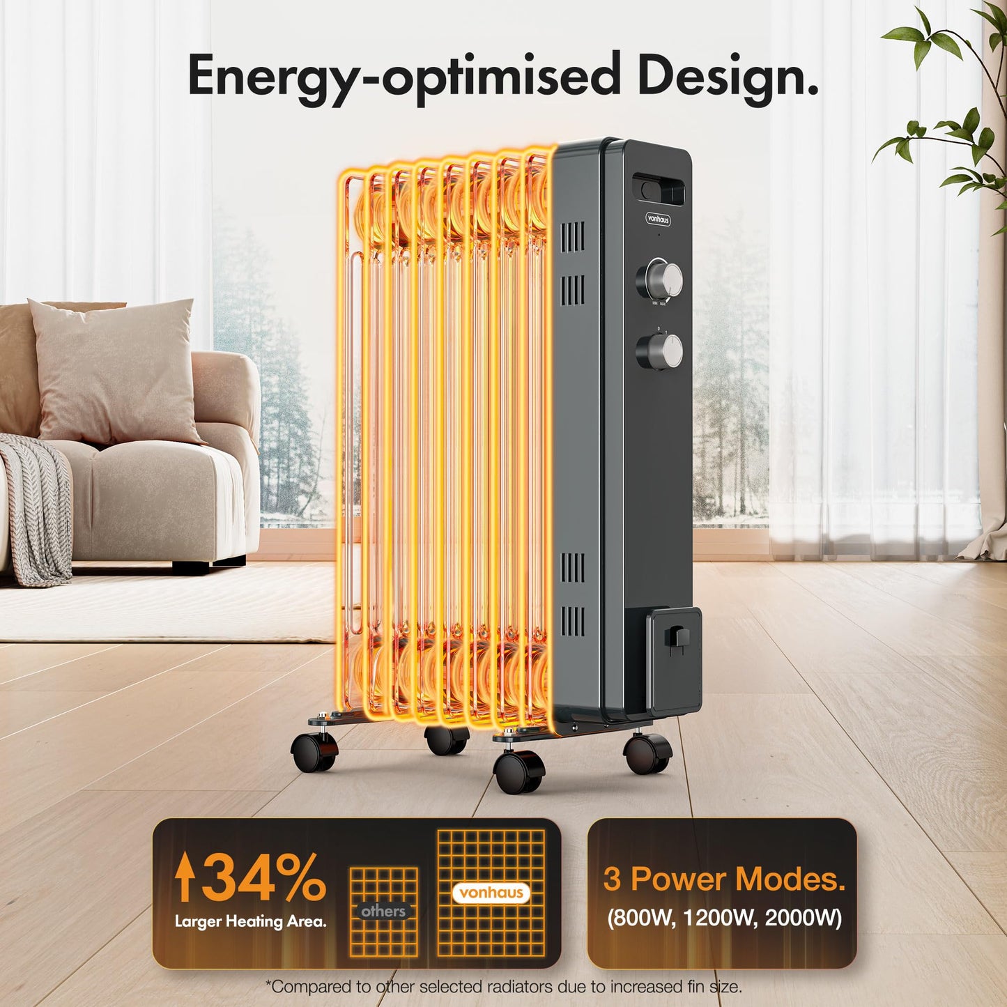 VonHaus Oil Filled Radiator 9 Fin – Oil Heater Portable Electric Free Standing 2000W for Home, Office, Any Room – Adjustable Thermostat, 3 Heat Settings, 4x Wheels, 1.5m Power Cable – 2 Year Warranty