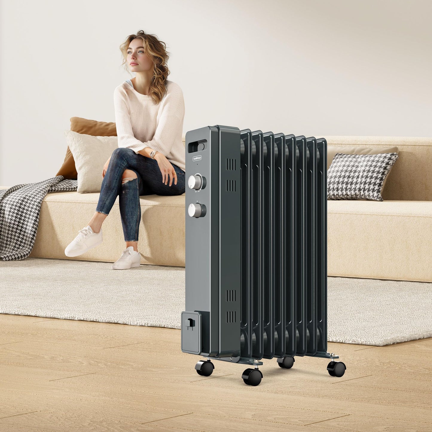 VonHaus Oil Filled Radiator 9 Fin – Oil Heater Portable Electric Free Standing 2000W for Home, Office, Any Room – Adjustable Thermostat, 3 Heat Settings, 4x Wheels, 1.5m Power Cable – 2 Year Warranty