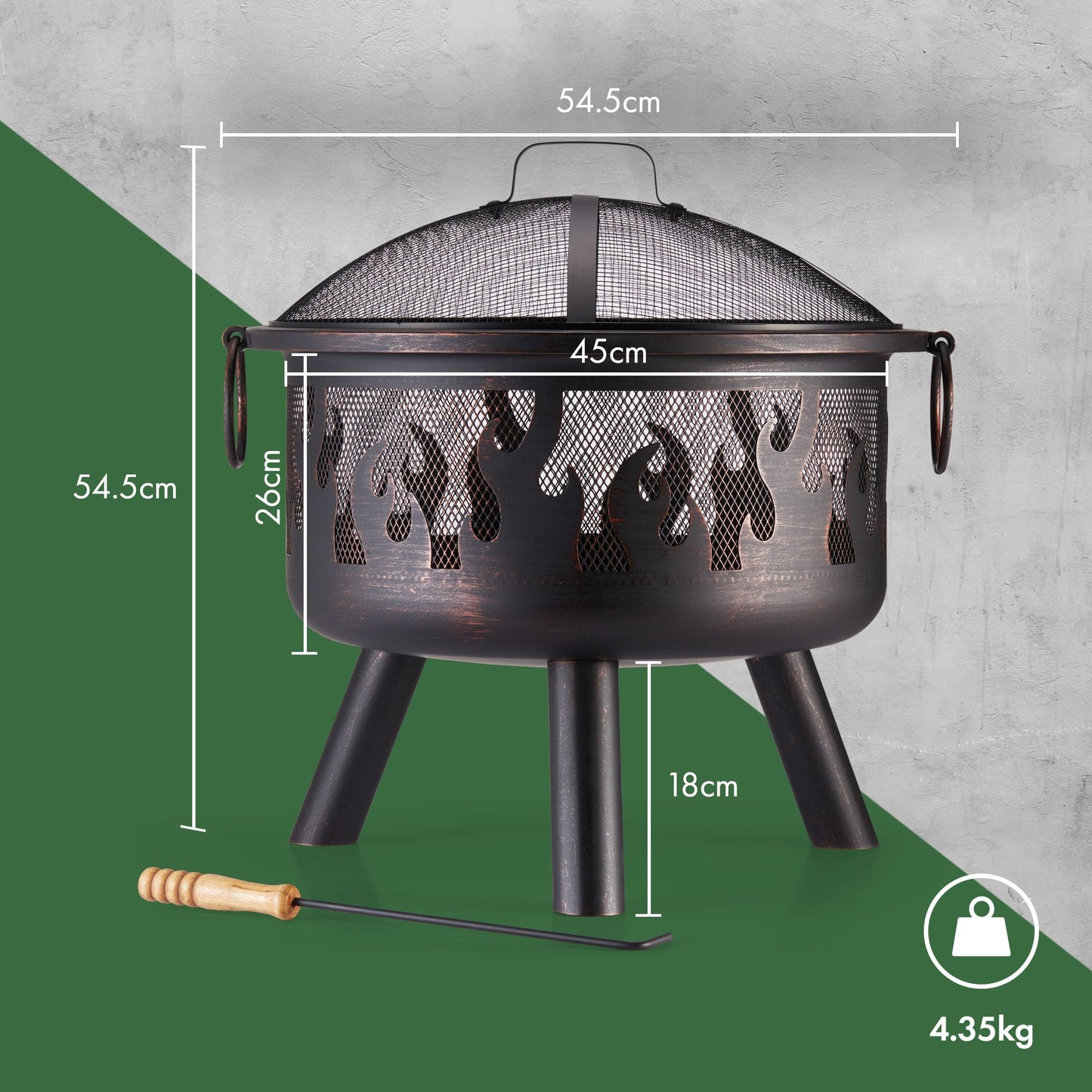 VonHaus Fire Pit – Firepit for Outdoor, Garden, Patio – Portable & Lightweight with Flame Design, Black Bronzed Steel, Fire Poker & Mesh Guard Included, Carry Handles – Use Wood or Charcoal to Fuel