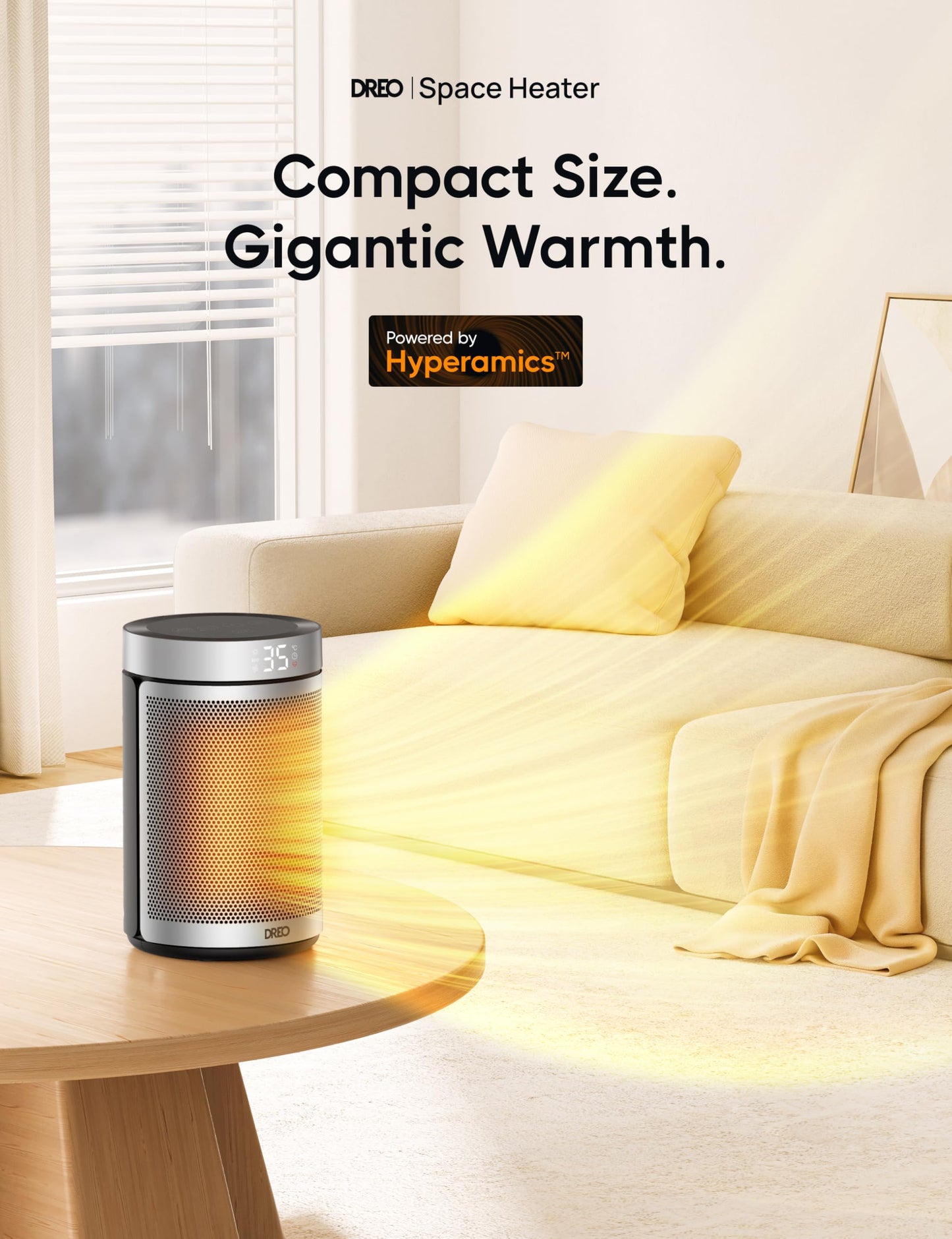 Dreo Electric Heater, 1500W Energy Efficient Space Room Heater, Upgrade Remote Portable Ceramic Fan Heaters, Thermostat, 3 Modes 12H Timer, Overheat & Tip Over Protection, for Bedroom, Atom 316, Gold