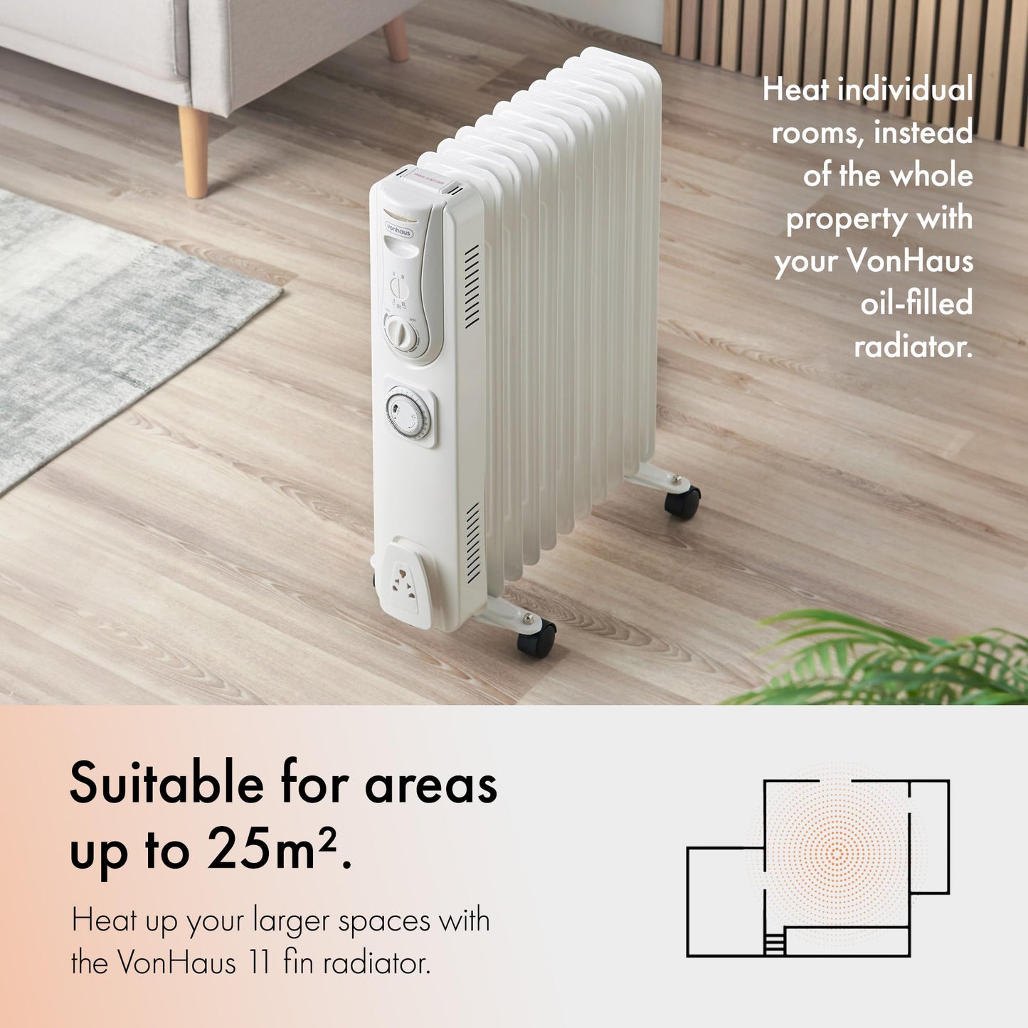 VonHaus Oil Filled Radiator 11 Fin, Heater Portable Electric Free Standing 2500W for Home, Office, Any Room – 24 hour Timer, Adjustable Thermostat, 3 Heat Settings, 4x Wheels, 1.5m Power Cable