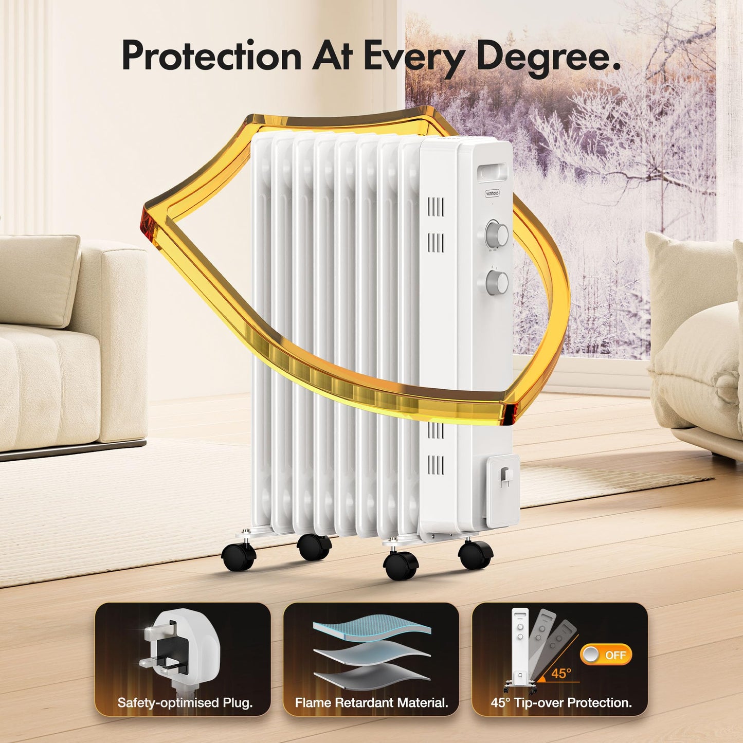 VonHaus Oil Filled Radiator 9 Fin – Oil Heater Portable Electric Free Standing 2000W for Home, Office, Any Room – Adjustable Thermostat, 3 Heat Settings, 4x Wheels, 1.5m Power Cable – 2 Year Warranty