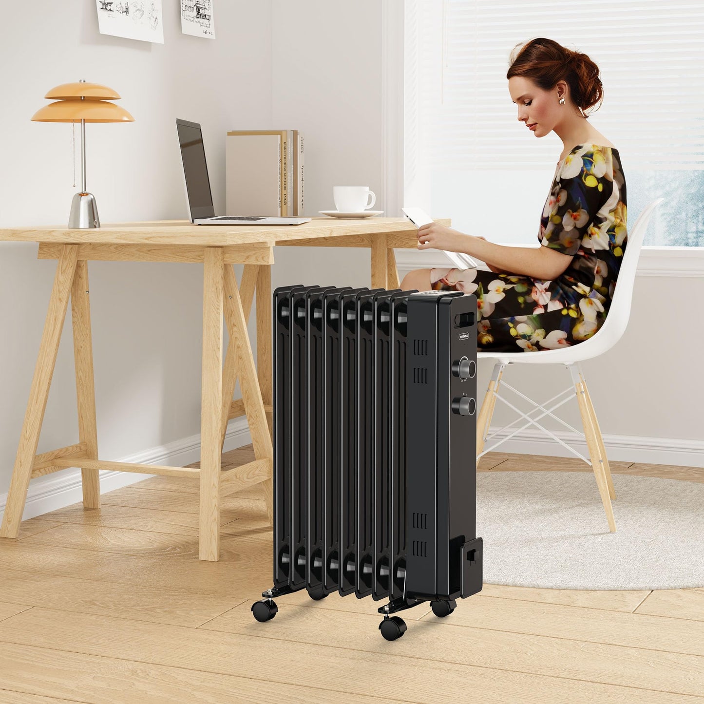 VonHaus Oil Filled Radiator 9 Fin – Oil Heater Portable Electric Free Standing 2000W for Home, Office, Any Room – Adjustable Thermostat, 3 Heat Settings, 4x Wheels, 1.5m Power Cable – 2 Year Warranty