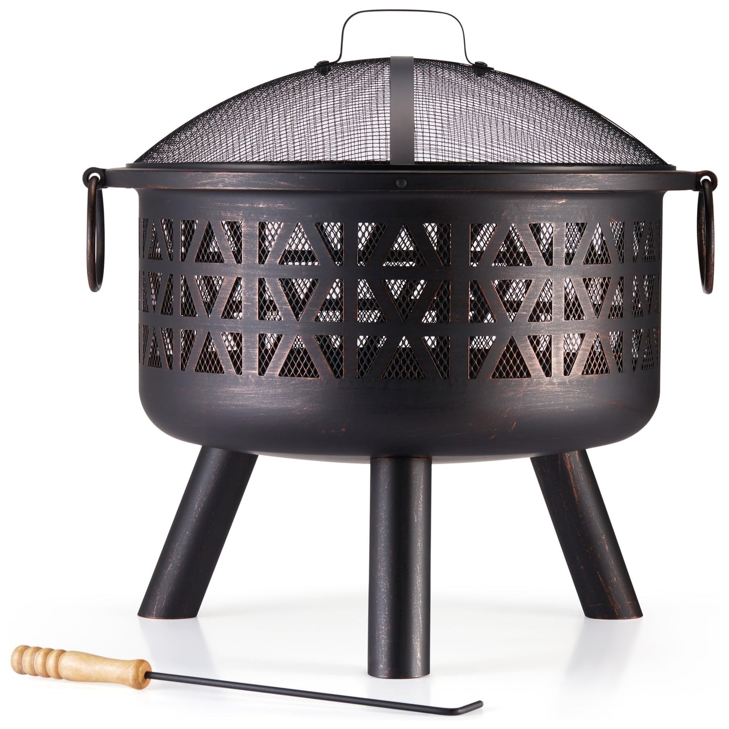 VonHaus Fire Pit – Firepit for Outdoor, Garden, Patio – Portable, Lightweight with Geometric Design, Brown Bronzed Steel, Fire Poker & Mesh Guard Included, Carry Handles – Use Wood or Charcoal to Fuel