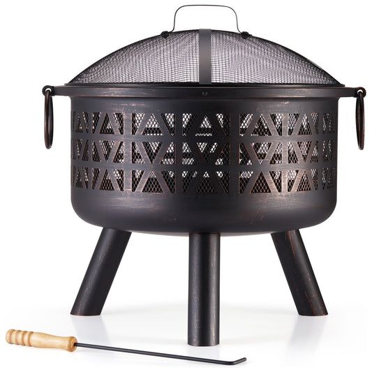 VonHaus Fire Pit – Firepit for Outdoor, Garden, Patio – Portable & Lightweight with Flame Design, Black Bronzed Steel, Fire Poker & Mesh Guard Included, Carry Handles – Use Wood or Charcoal to Fuel