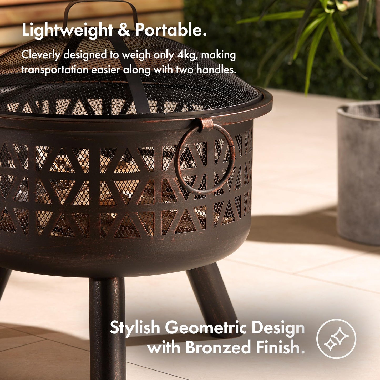 VonHaus Fire Pit – Firepit for Outdoor, Garden, Patio – Portable & Lightweight with Flame Design, Black Bronzed Steel, Fire Poker & Mesh Guard Included, Carry Handles – Use Wood or Charcoal to Fuel