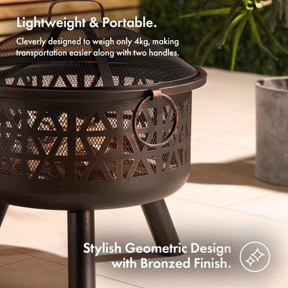 VonHaus Fire Pit – Firepit for Outdoor, Garden, Patio – Portable & Lightweight with Flame Design, Black Bronzed Steel, Fire Poker & Mesh Guard Included, Carry Handles – Use Wood or Charcoal to Fuel