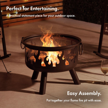 VonHaus Fire Pit – Firepit for Outdoor, Garden, Patio – Portable & Lightweight with Flame Design, Black Bronzed Steel, Fire Poker & Mesh Guard Included, Carry Handles – Use Wood or Charcoal to Fuel