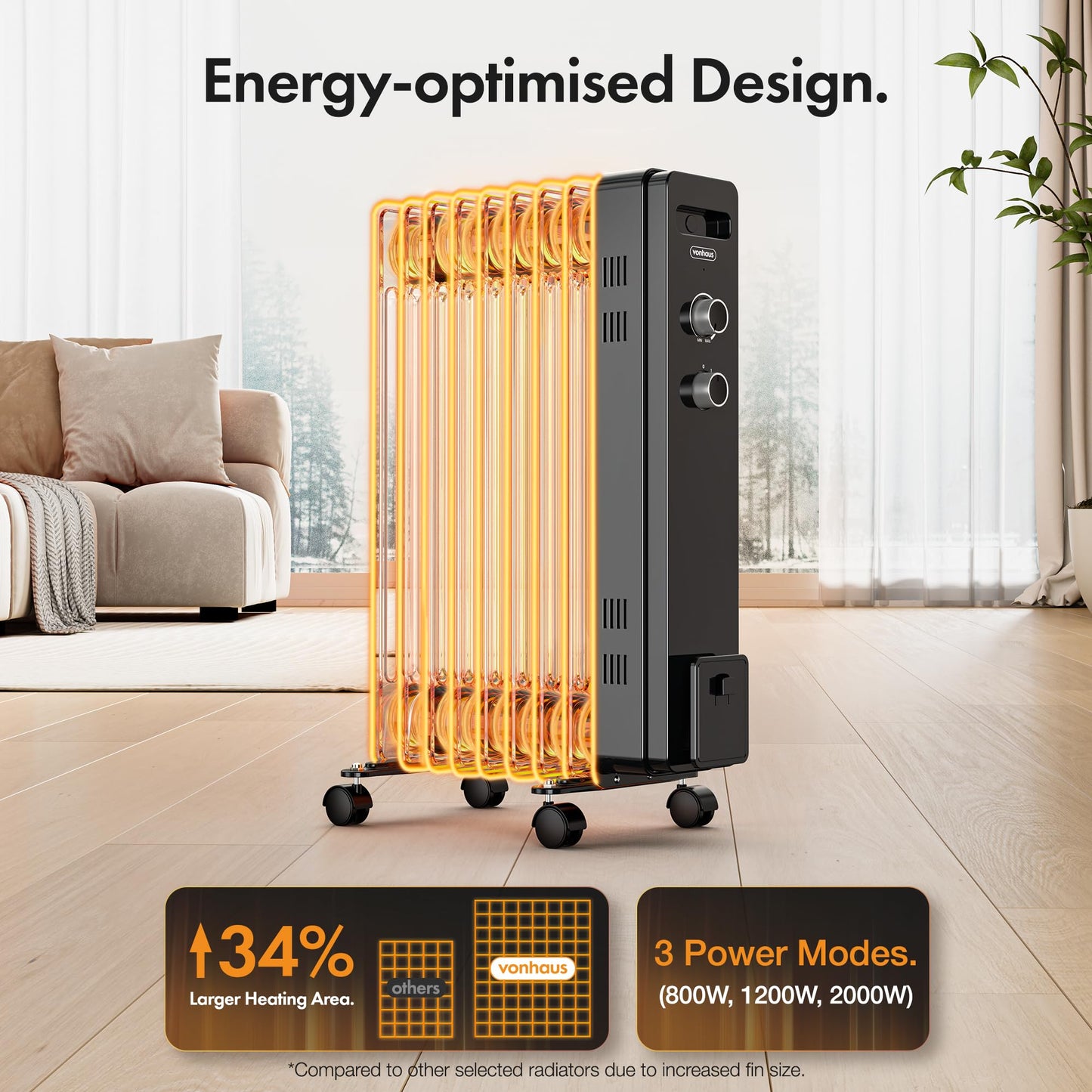 VonHaus Oil Filled Radiator 9 Fin – Oil Heater Portable Electric Free Standing 2000W for Home, Office, Any Room – Adjustable Thermostat, 3 Heat Settings, 4x Wheels, 1.5m Power Cable – 2 Year Warranty