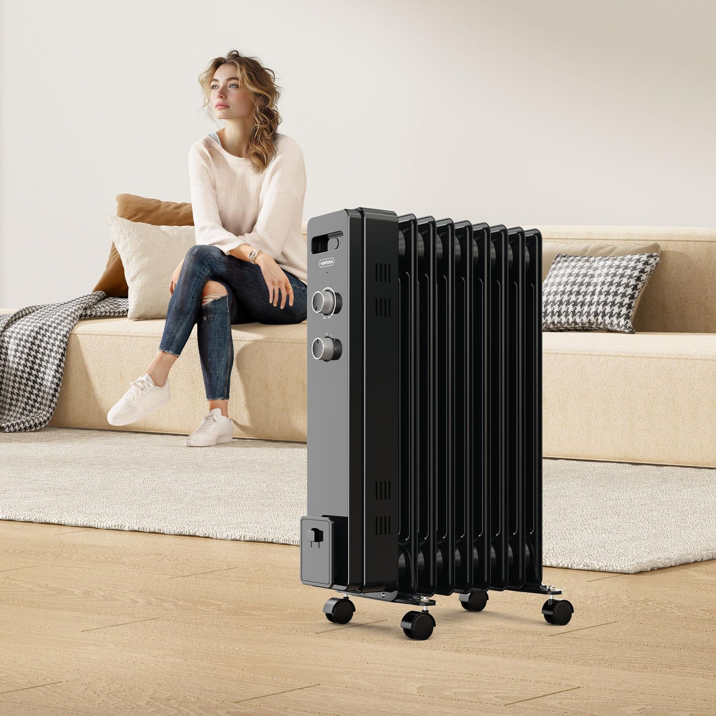 VonHaus Oil Filled Radiator 9 Fin – Oil Heater Portable Electric Free Standing 2000W for Home, Office, Any Room – Adjustable Thermostat, 3 Heat Settings, 4x Wheels, 1.5m Power Cable – 2 Year Warranty