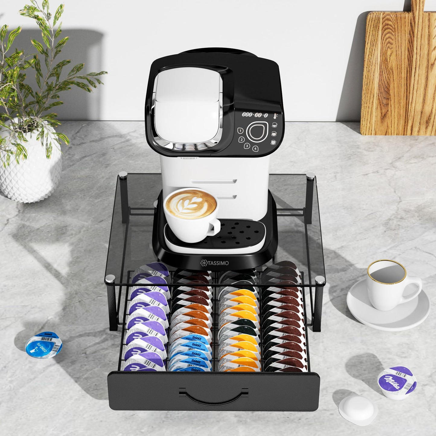 HFHOME Tassimo Pods Holder,64 Capsule Metal Coffee Pod Holder,Bosch Tassimo Stand & Pod Storage Drawer, Anti-vibration Design Coffee Station Organizer- Black