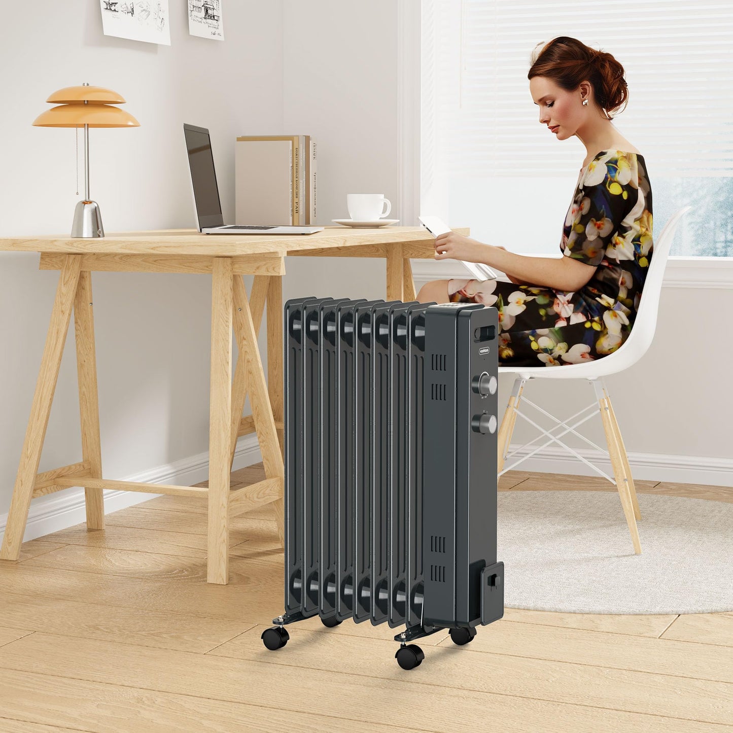 VonHaus Oil Filled Radiator 9 Fin – Oil Heater Portable Electric Free Standing 2000W for Home, Office, Any Room – Adjustable Thermostat, 3 Heat Settings, 4x Wheels, 1.5m Power Cable – 2 Year Warranty