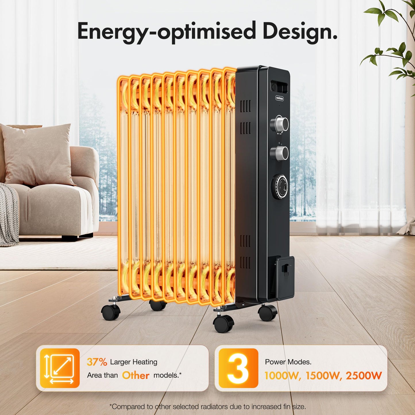 VonHaus Oil Filled Radiator 11 Fin, Heater Portable Electric Free Standing 2500W for Home, Office, Any Room – 24 hour Timer, Adjustable Thermostat, 3 Heat Settings, 4x Wheels, 1.5m Power Cable