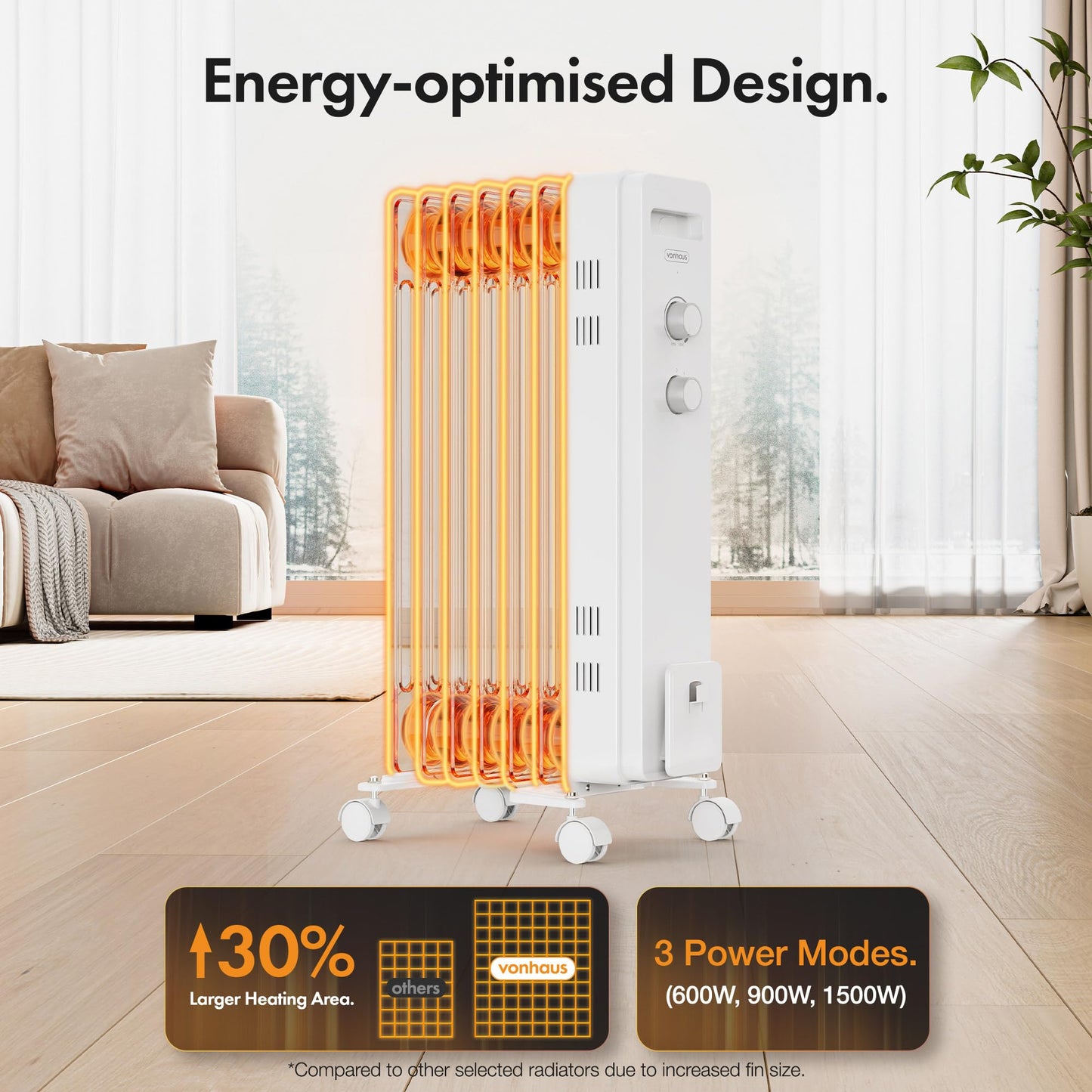 VonHaus Oil Filled Radiator 9 Fin – Oil Heater Portable Electric Free Standing 2000W for Home, Office, Any Room – Adjustable Thermostat, 3 Heat Settings, 4x Wheels, 1.5m Power Cable – 2 Year Warranty