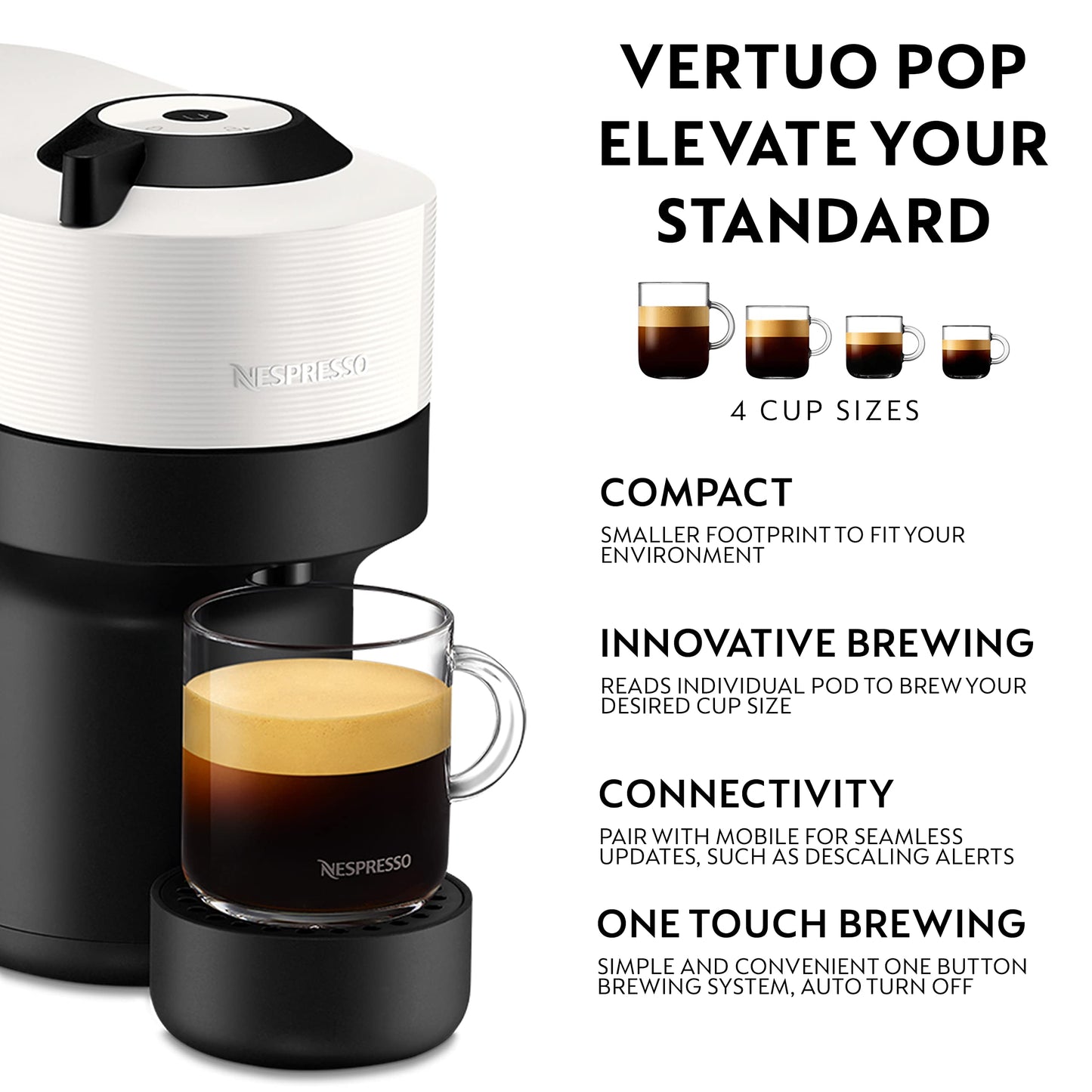 Nespresso Coffee Machine Baritsa Bundle includes Vertuo Pop White by Krups, Milk Frother, 2xNespresso Mugs, 2 x spoons, Melozio Nespresso coffee pods & Chiaro Nespresso coffee pods