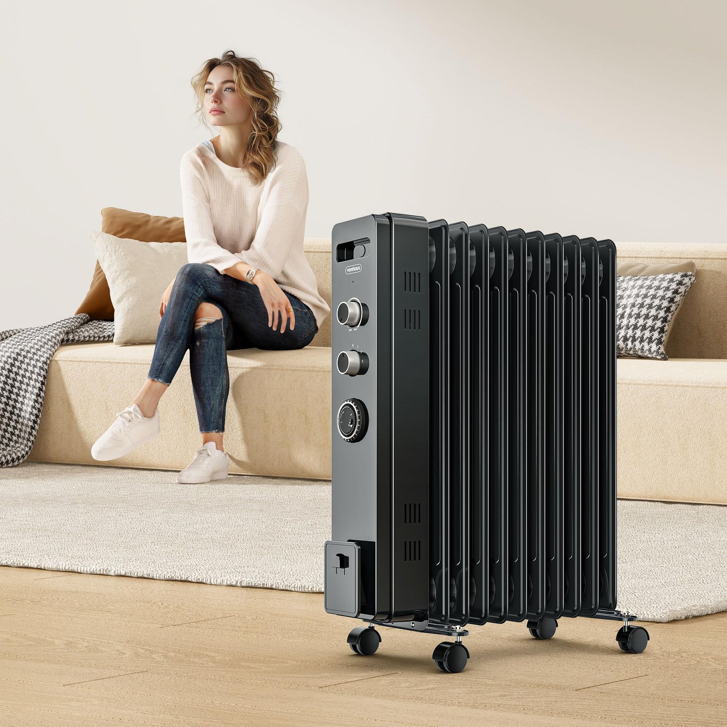 VonHaus Oil Filled Radiator 11 Fin, Heater Portable Electric Free Standing 2500W for Home, Office, Any Room – 24 hour Timer, Adjustable Thermostat, 3 Heat Settings, 4x Wheels, 1.5m Power Cable