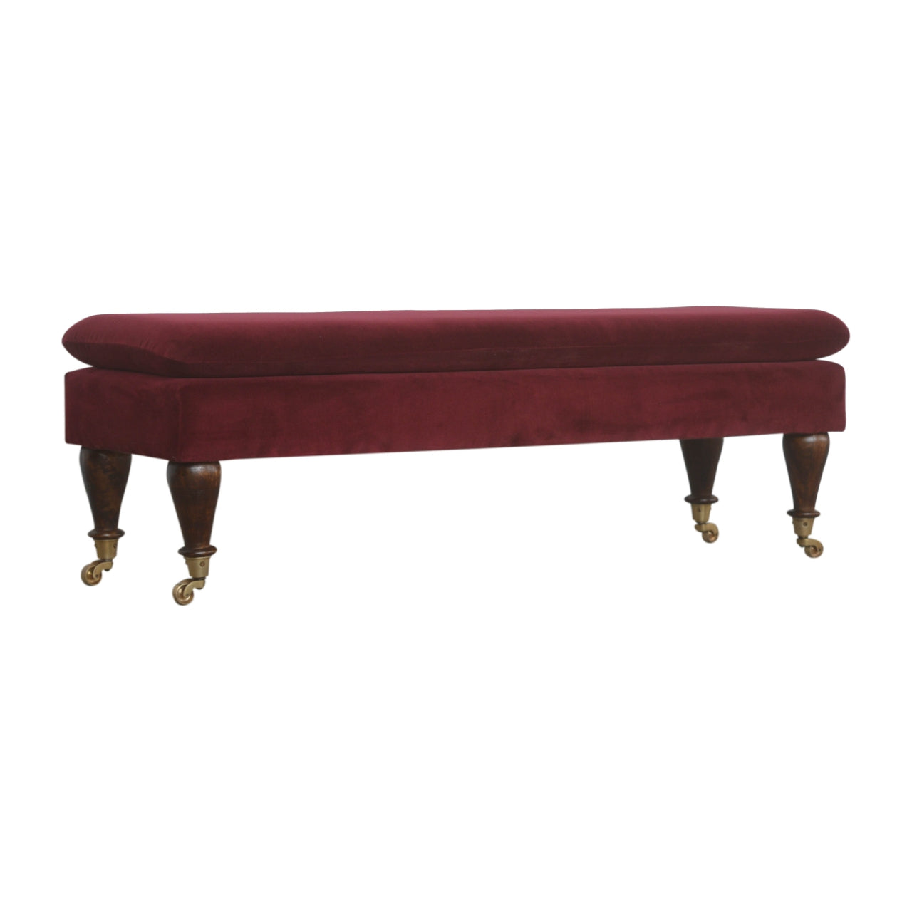 Wine Red Velvet Castor Bench-1