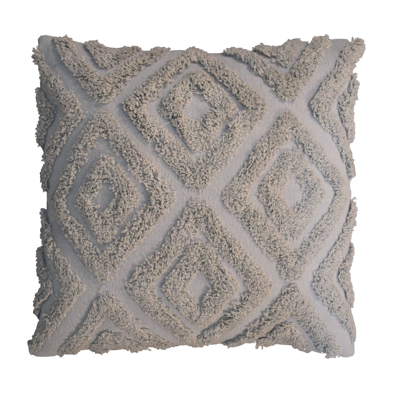 Textured square pillow with geometric pattern on a white background