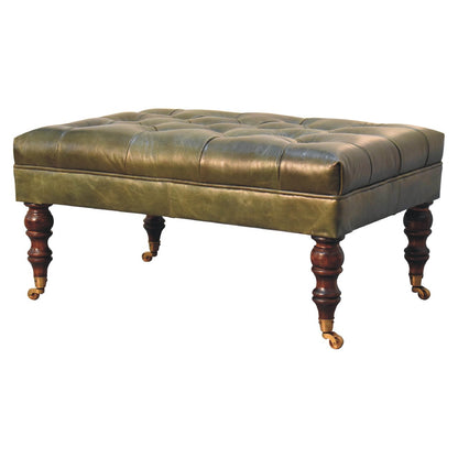 Buffalo Green Leather Ottoman with Castor Legs-2