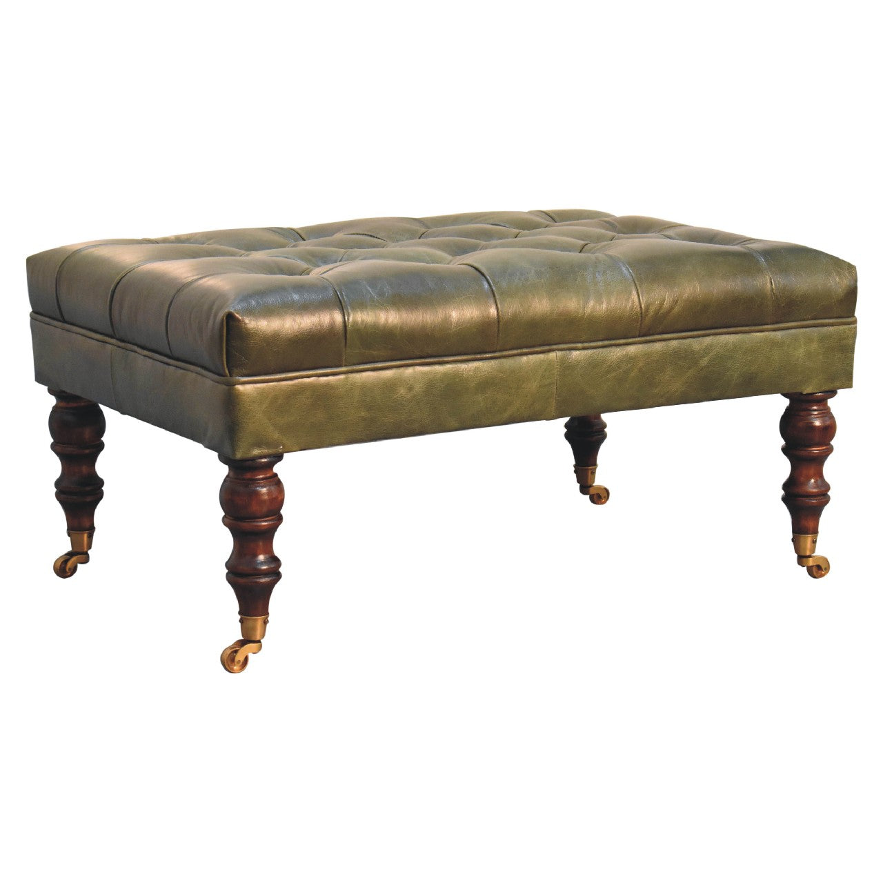 Buffalo Green Leather Ottoman with Castor Legs-3