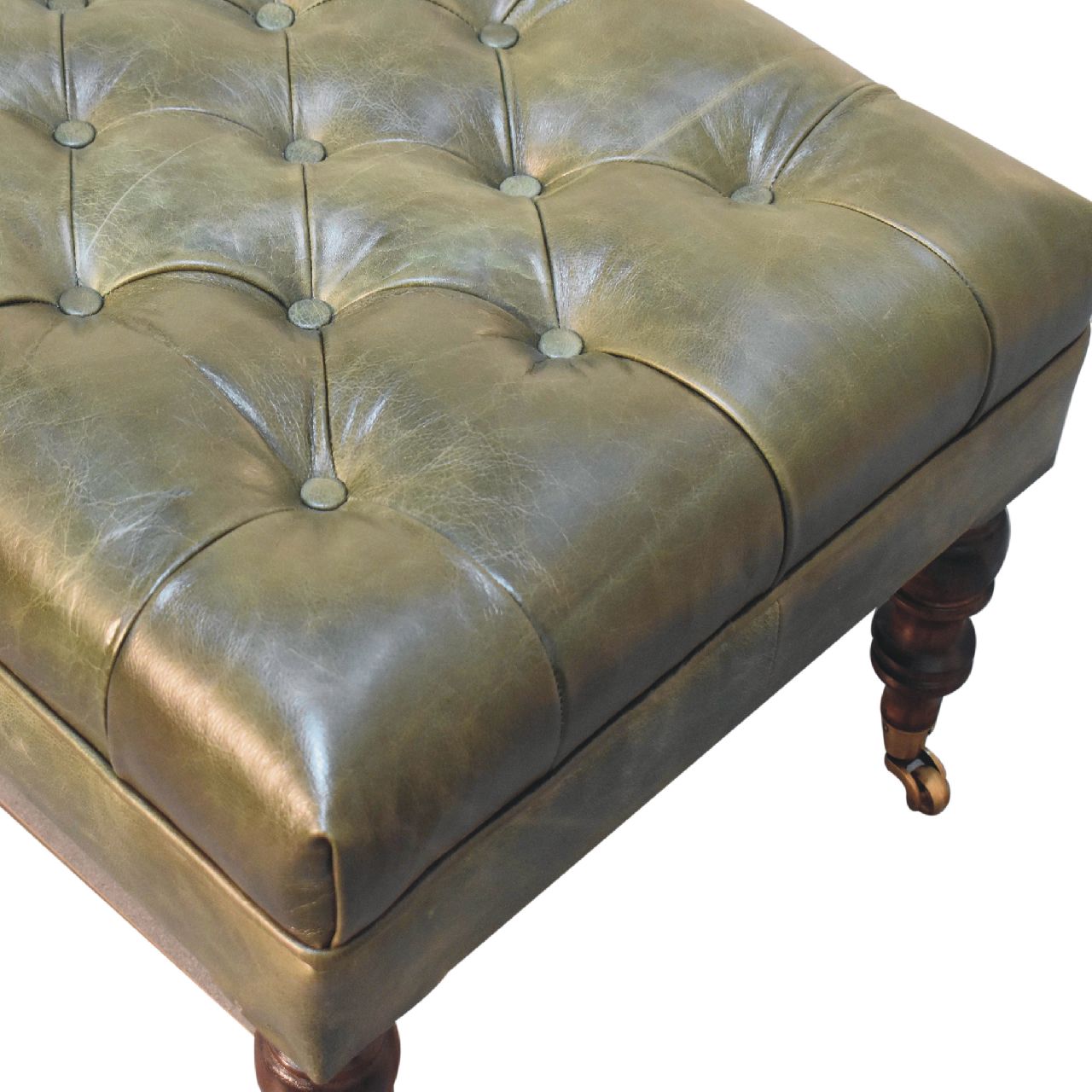 Buffalo Green Leather Ottoman with Castor Legs-6