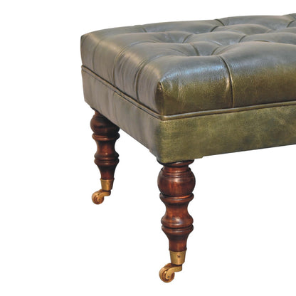 Buffalo Green Leather Ottoman with Castor Legs-7