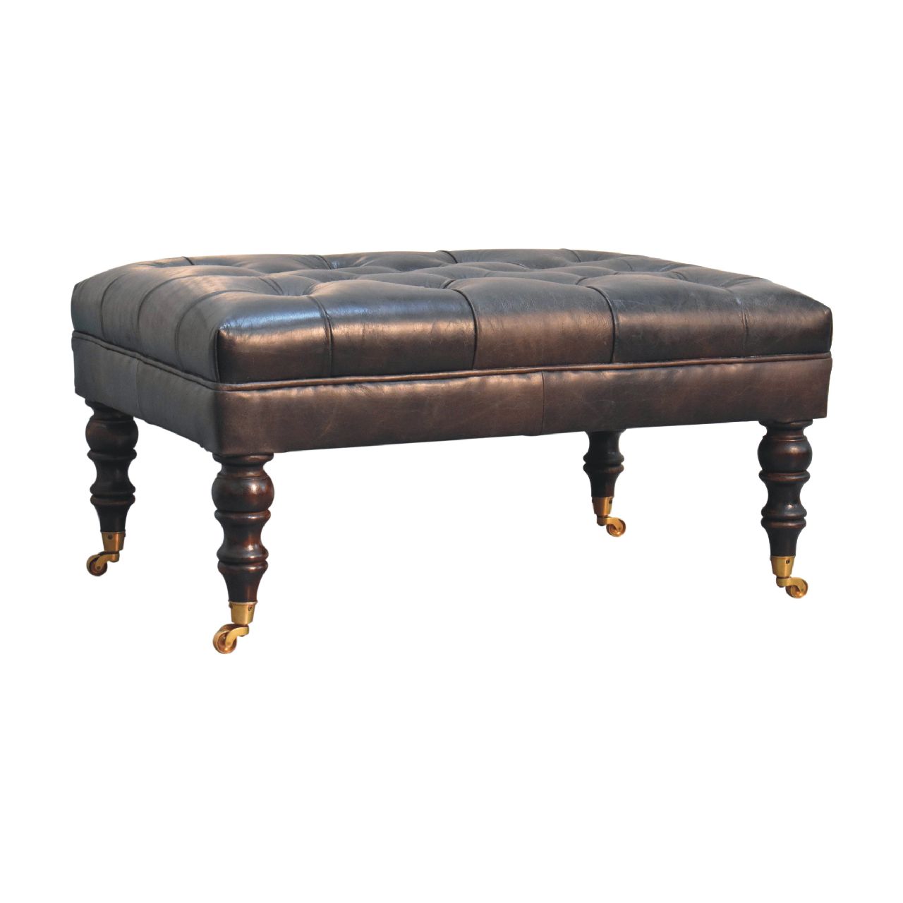 Buffalo Ash Black Leather Ottoman with Castor Legs-3