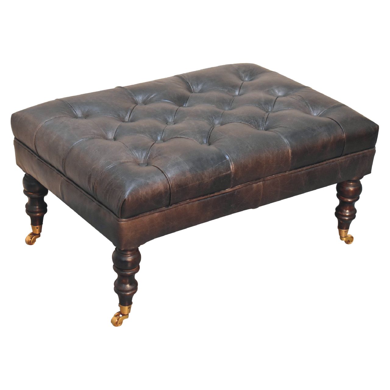 Buffalo Ash Black Leather Ottoman with Castor Legs-5