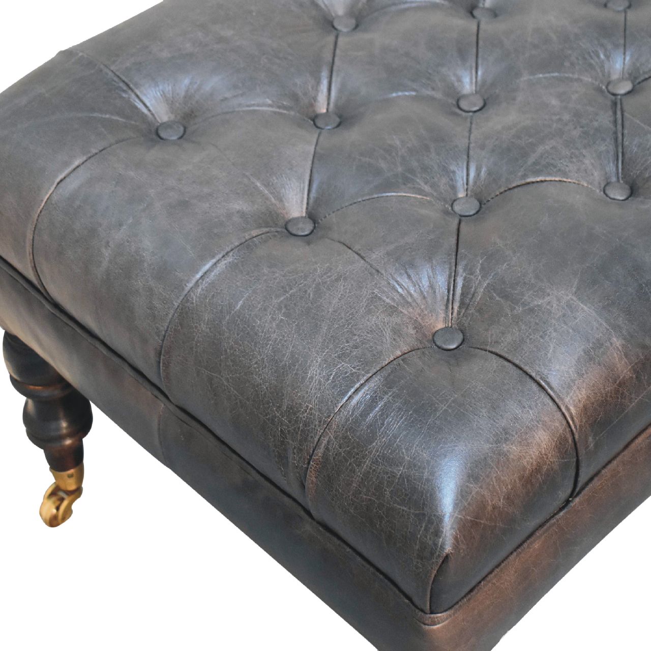 Buffalo Ash Black Leather Ottoman with Castor Legs-6