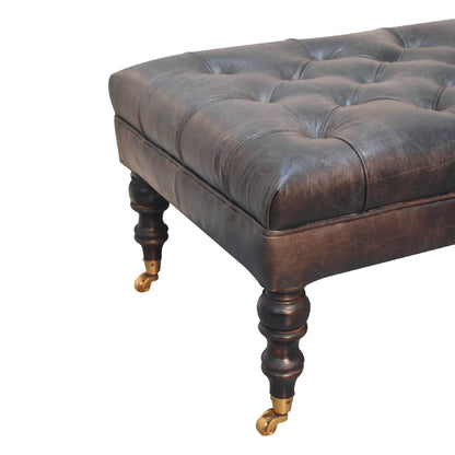 Buffalo Ash Black Leather Ottoman with Castor Legs-7