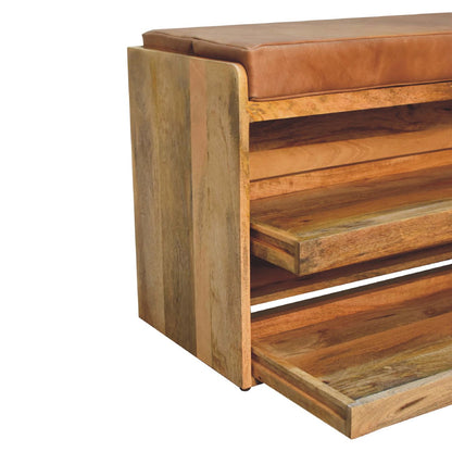 Buffalo Hide Pull out Oak-ish Shoe Storage Bench-6