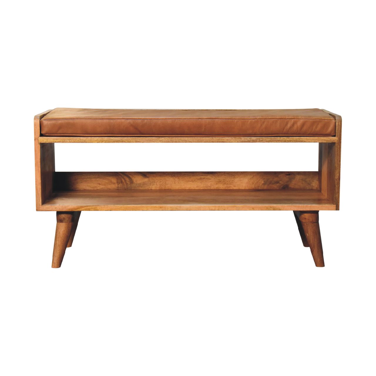 Oak-ish Bench with Tan Leather Seatpad-1