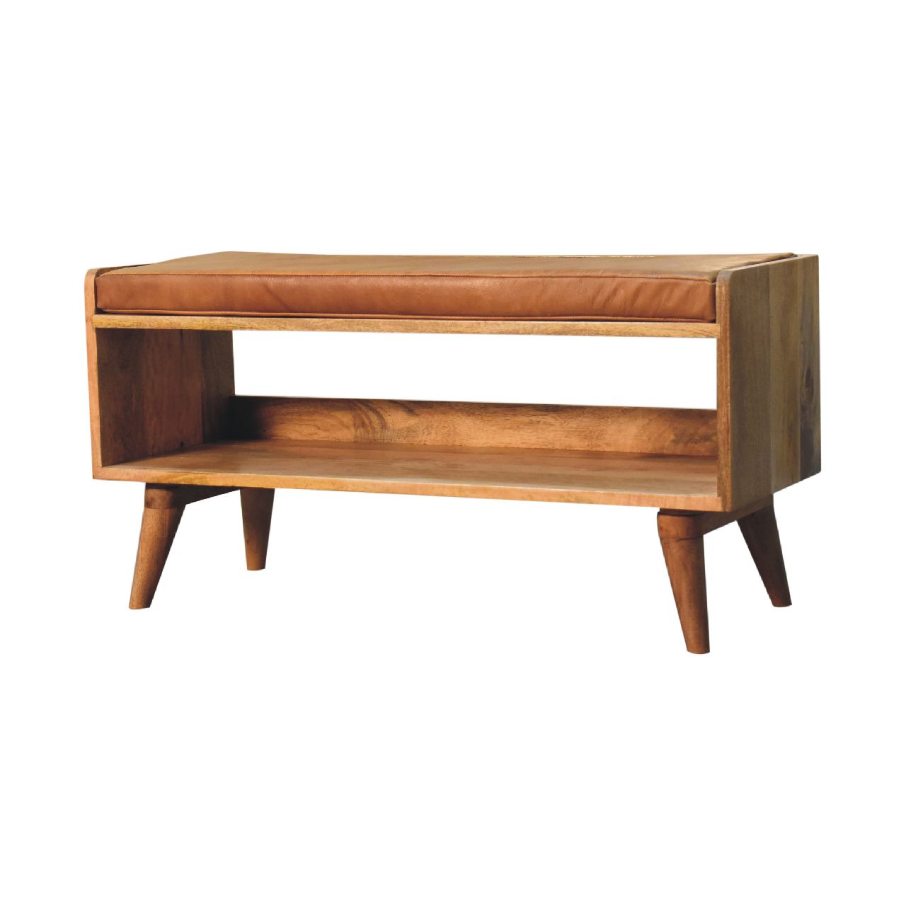 Oak-ish Bench with Tan Leather Seatpad-2