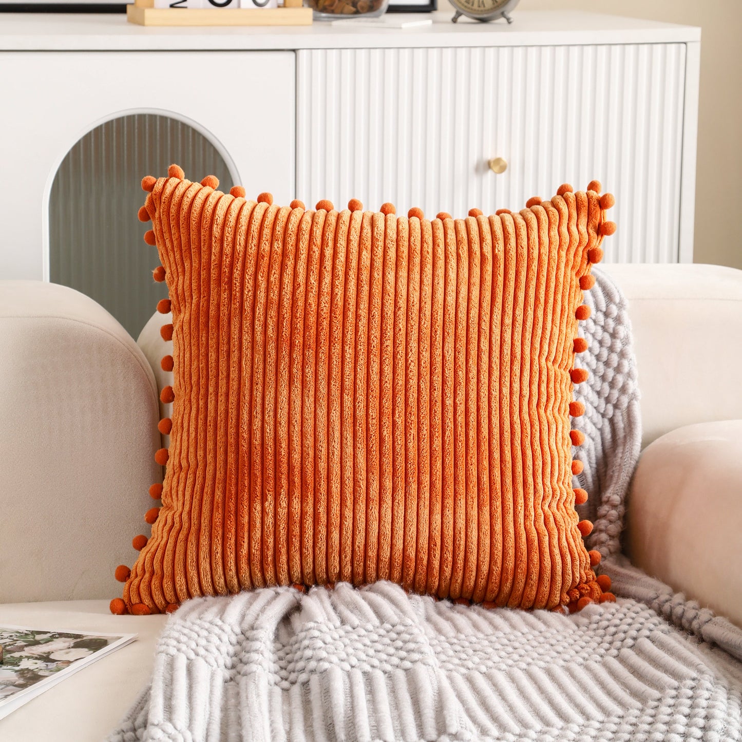 Corduroy Cushion Covers with Pom-poms Home Sofa 50x50CM-0