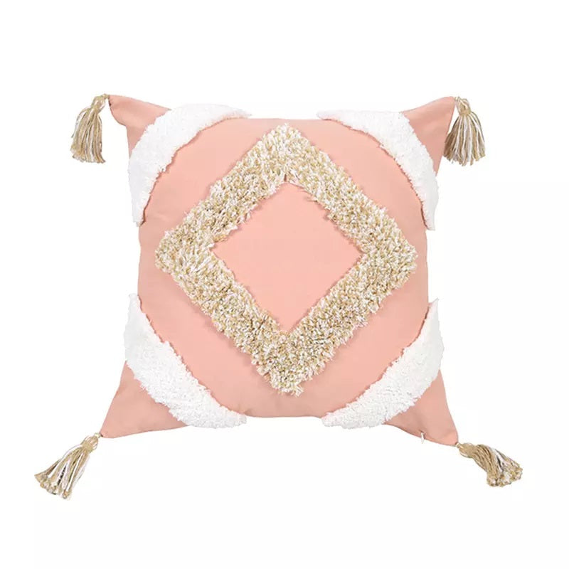 Pure Cotton Boho Moroccan Nordic Bohemian Geometric Tassel Style Tufted Pink Cushion Covers 45x45cm (18 x 18 Inches) Design 15-0