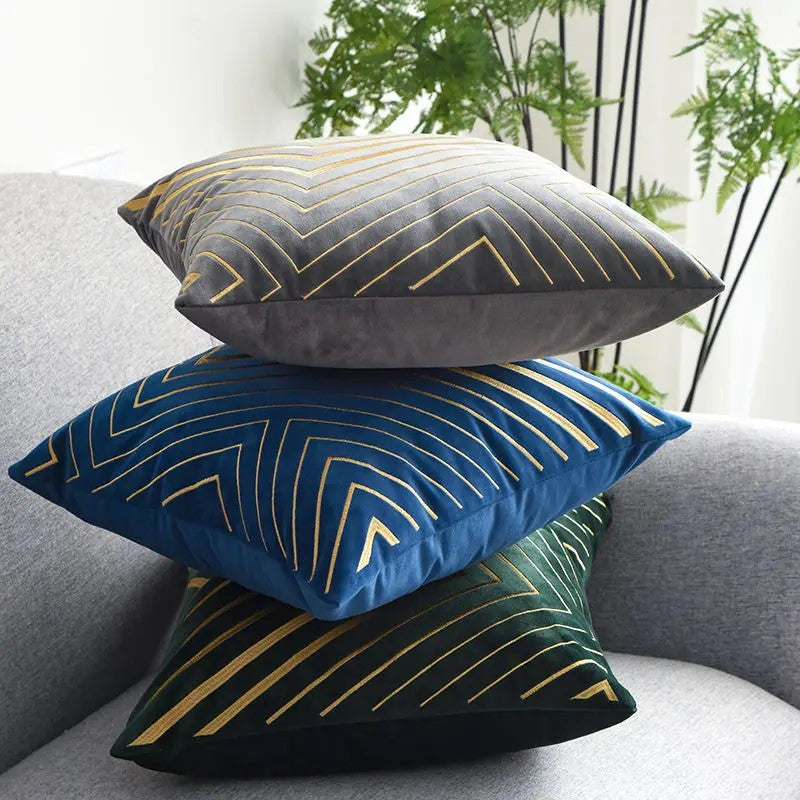 Gold Striping Embroidered Velvet Cushion Cover (18x18" - 45x45 cm)-2