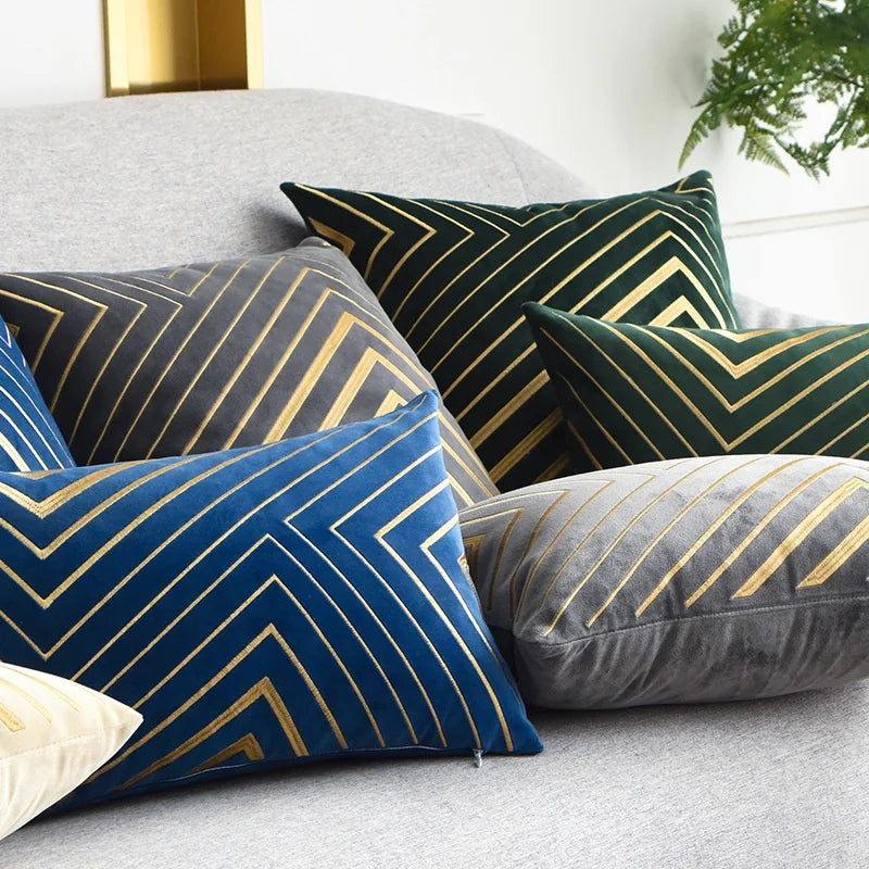 Gold Striping Embroidered Velvet Cushion Cover (18x18" - 45x45 cm)-1