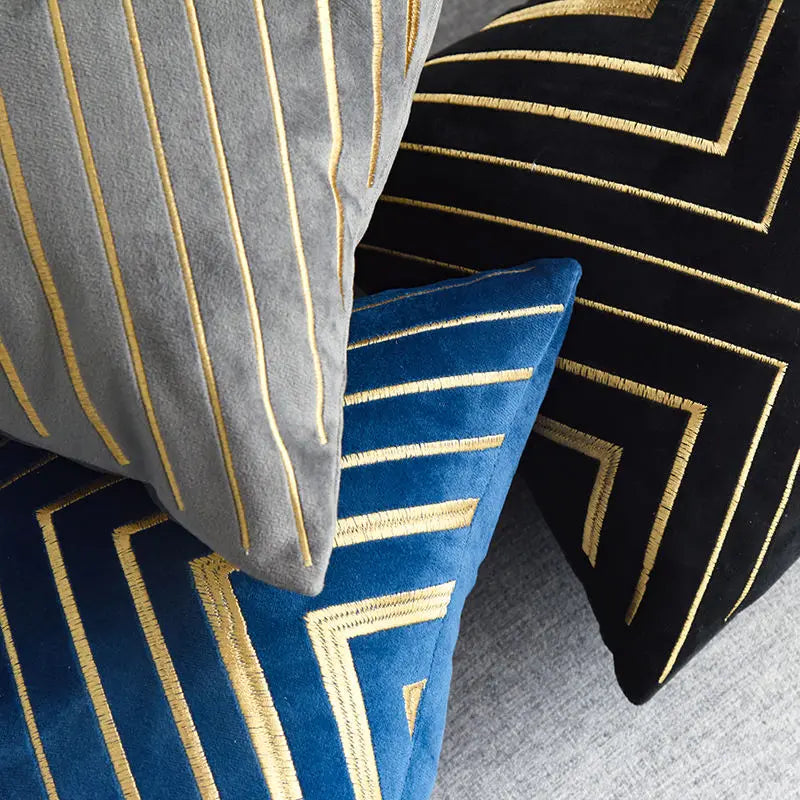 Gold Striping Embroidered Velvet Cushion Cover (18x18" - 45x45 cm)-3