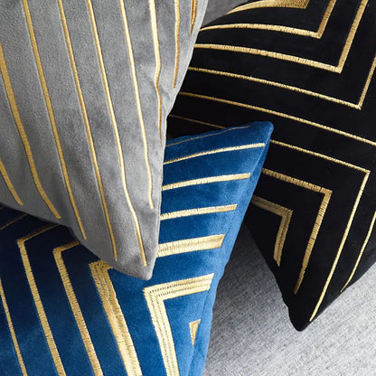 Gold Striping Embroidered Velvet Cushion Cover (18x18" - 45x45 cm)-3