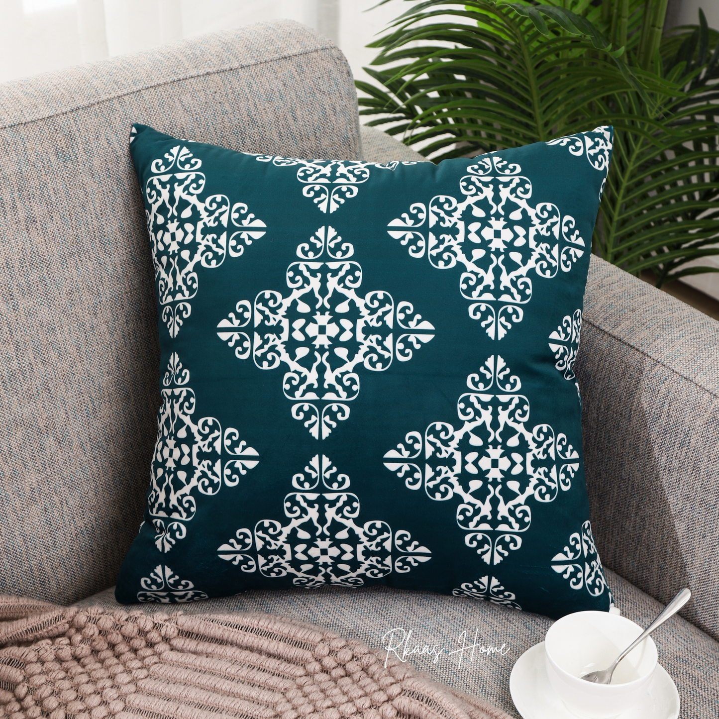 Designer Dutch Velvet Geometric Cushion Cover 45x45 cm (18 inches x 18 inches) - Blue-1