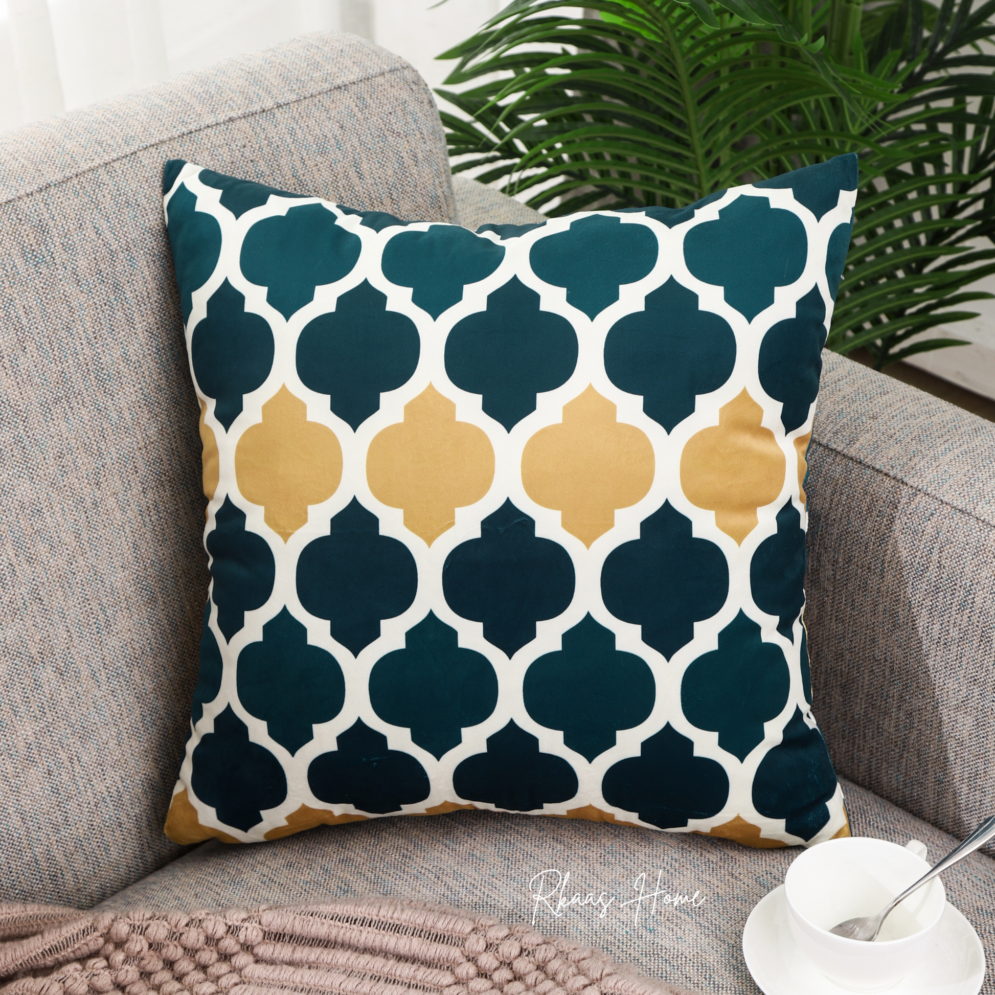 Designer Dutch Velvet Geometric Cushion Cover 45x45 cm (18 inches x 18 inches) - Blue-2