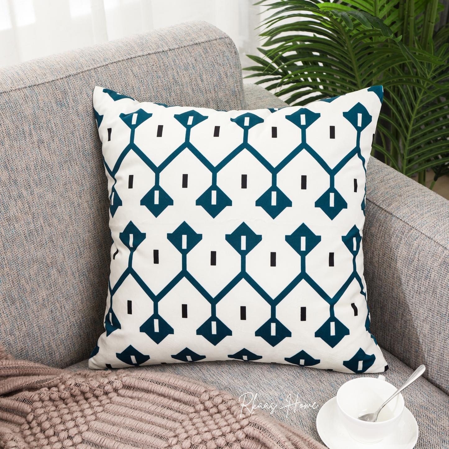 Designer Dutch Velvet Geometric Cushion Cover 45x45 cm (18 inches x 18 inches) - Blue-3