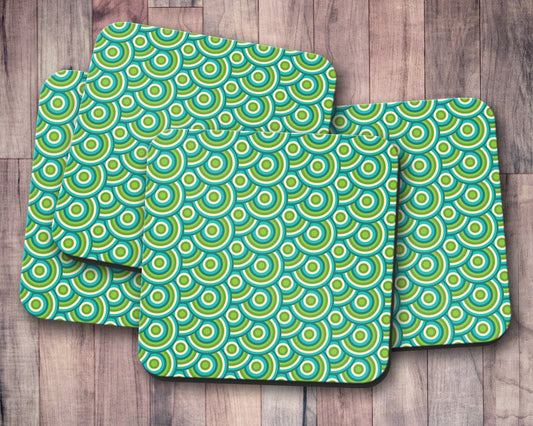Green Retro 70's Design Geometric Circle Design Coasters, Table Decor Drinks Mat