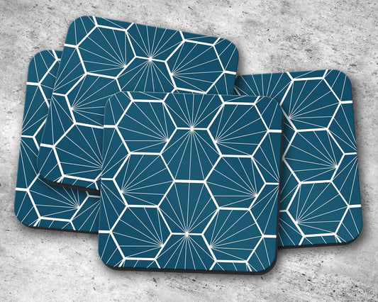 Peacock Blue Coasters with White Hexagon Design, Table Decor Drinks Mat