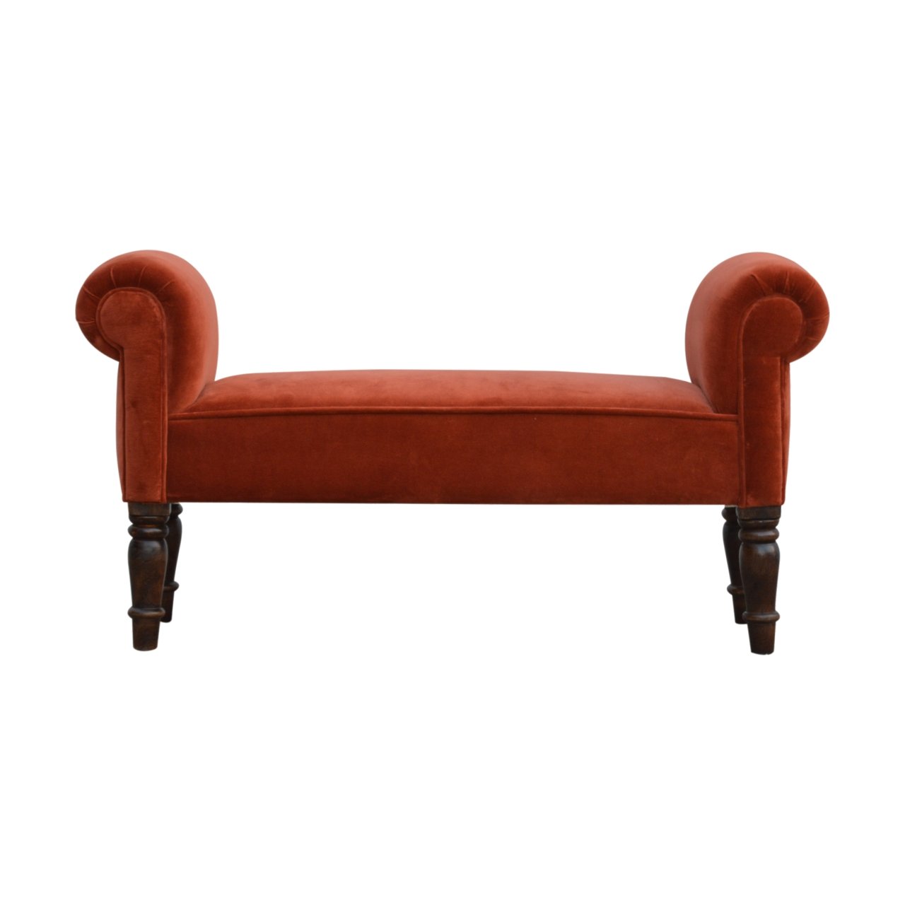 Red velvet bench with wooden legs on a white background
