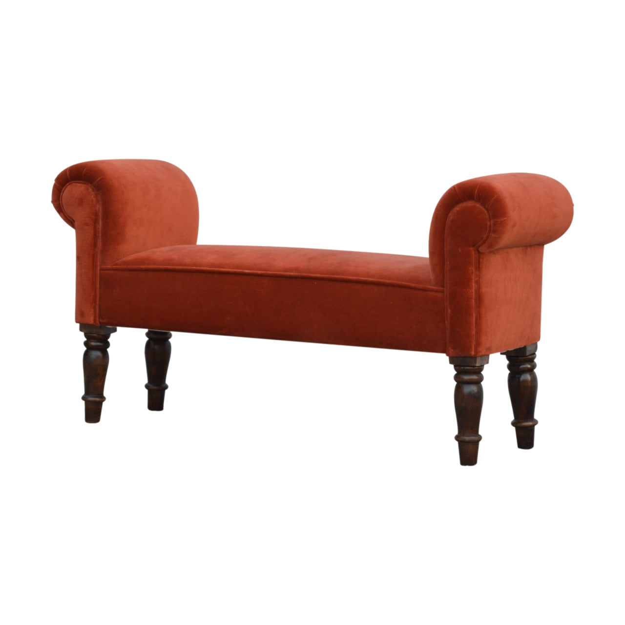 Red velvet bench with dark wooden legs on a white background